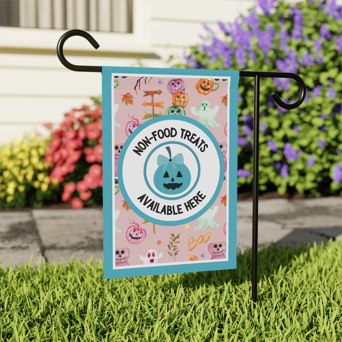 Teal Bow Pumpkin Print Food Allergy Garden Flag-Halloween Garden Flag – Food Allergy Awareness Yard Sign with Purple, Pink & Orange Pumpkins