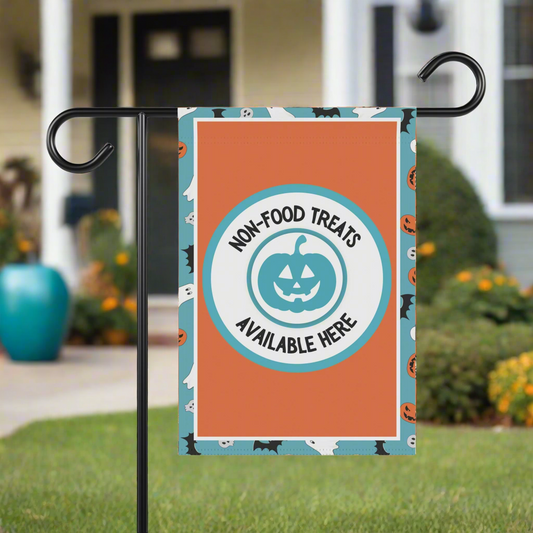 Halloween Food Allergy Garden Flag | Non-Food Treats Available Here | Teal Pumpkin Friendly Sign