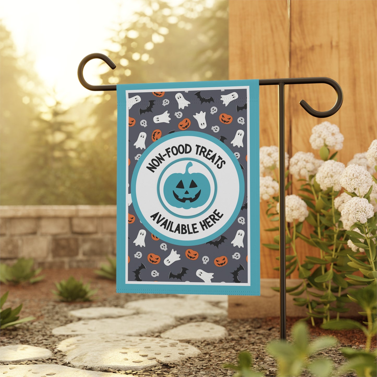 Halloween Food Allergy Garden Flag – Food Allergy Awareness Yard Sign with Ghosts Bats and Pumpkin