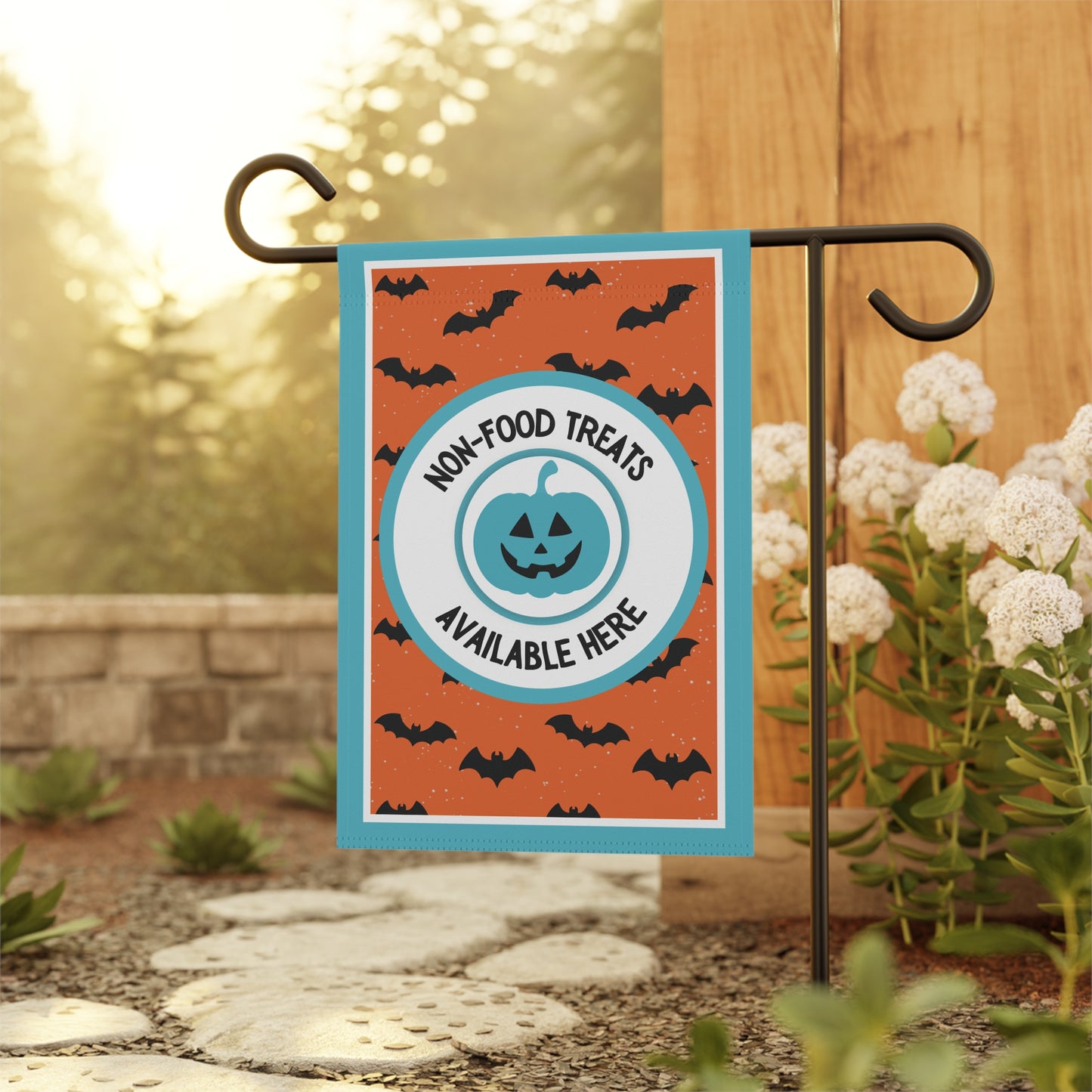 Halloween Garden Flag – Food Allergy Awareness Yard Sign with Orange Background, Bats & Smiling Pumpkin