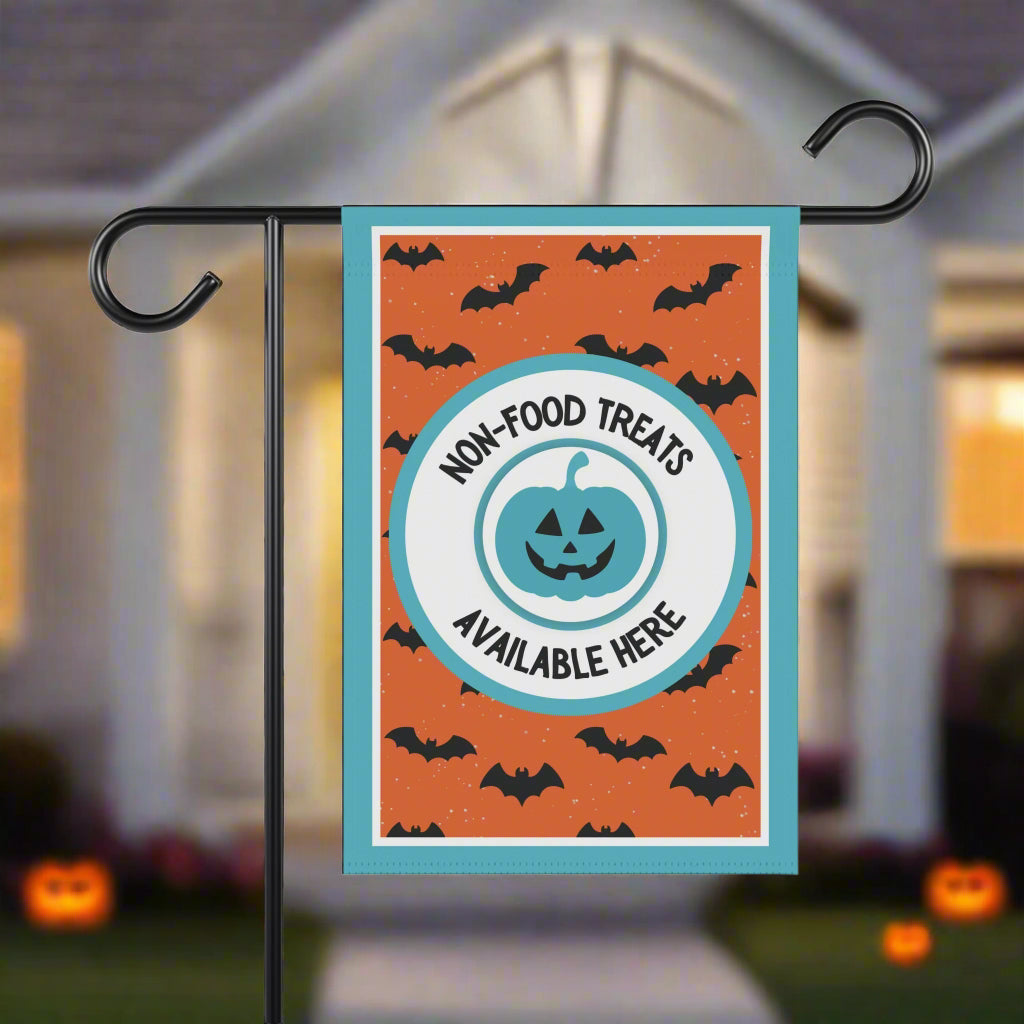 Halloween Garden Flag – Food Allergy Awareness Yard Sign with Orange Background, Bats & Smiling Pumpkin