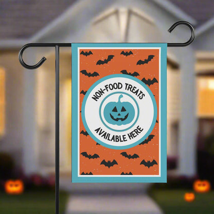 Halloween Garden Flag – Food Allergy Awareness Yard Sign with Orange Background, Bats & Smiling Pumpkin