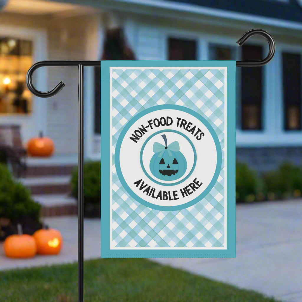 Halloween Food Allergy Garden Flag – Food Allergy Awareness Yard Sign with Teal Gingham & Smiling Pumpkin