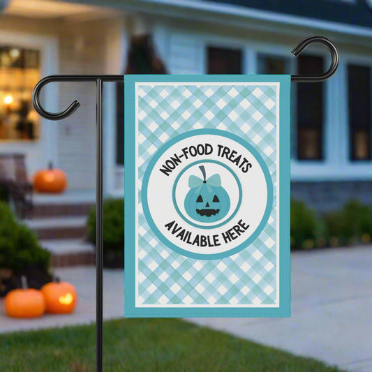 Halloween Food Allergy Garden Flag – Food Allergy Awareness Yard Sign with Teal Gingham & Smiling Pumpkin