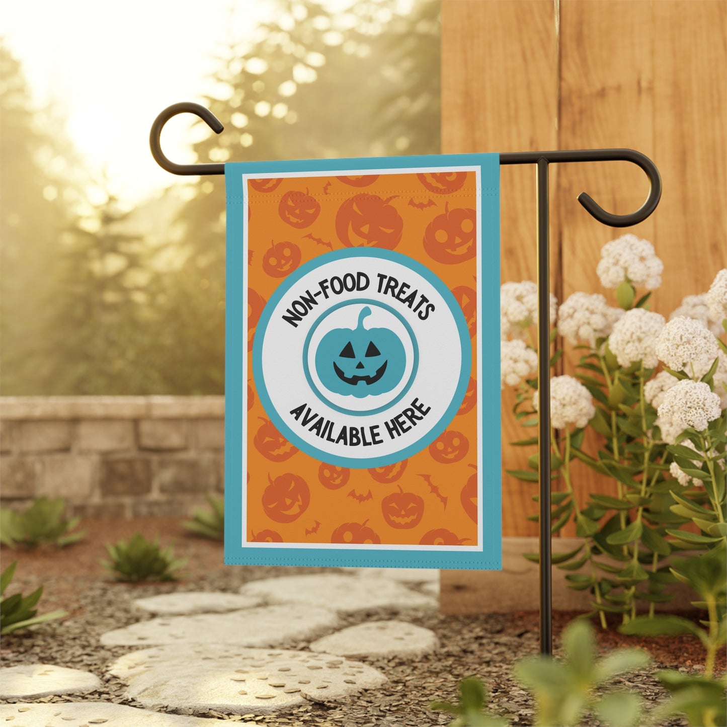 Halloween Food Allergy Garden Flag – Food Allergy Awareness Yard Sign with Orange and Teal Pumpkins