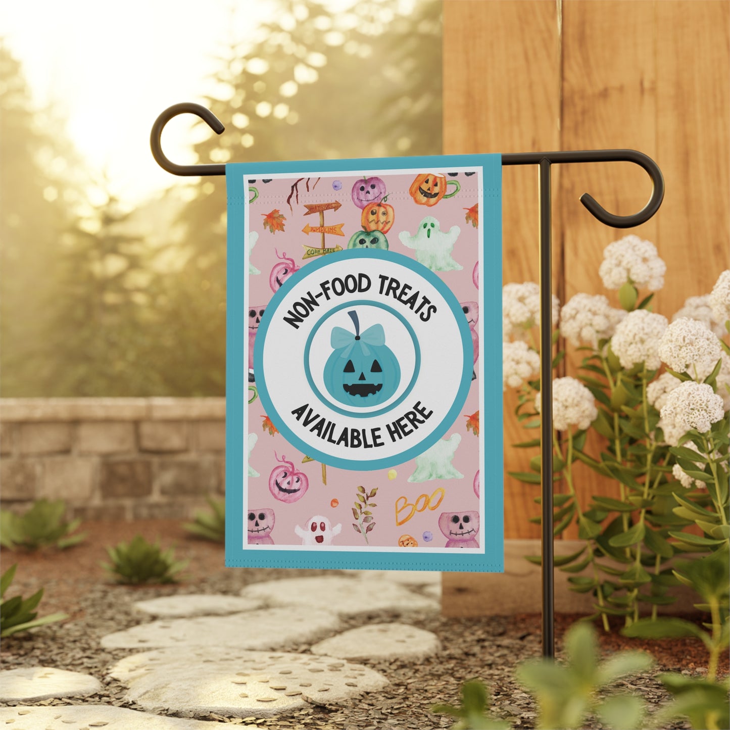 Teal Bow Pumpkin Print Food Allergy Garden Flag-Halloween Garden Flag – Food Allergy Awareness Yard Sign with Purple, Pink & Orange Pumpkins