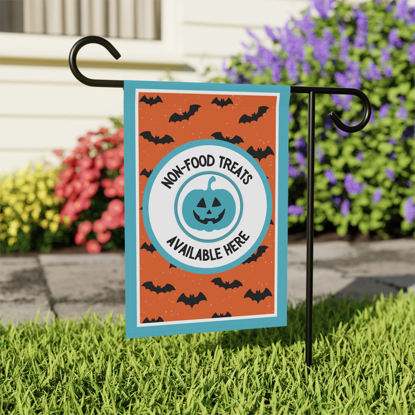 Halloween Garden Flag – Food Allergy Awareness Yard Sign with Orange Background, Bats & Smiling Pumpkin