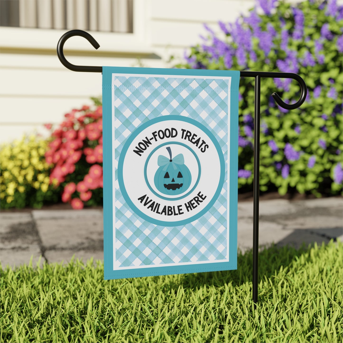 Halloween Food Allergy Garden Flag – Food Allergy Awareness Yard Sign with Teal Gingham & Smiling Pumpkin