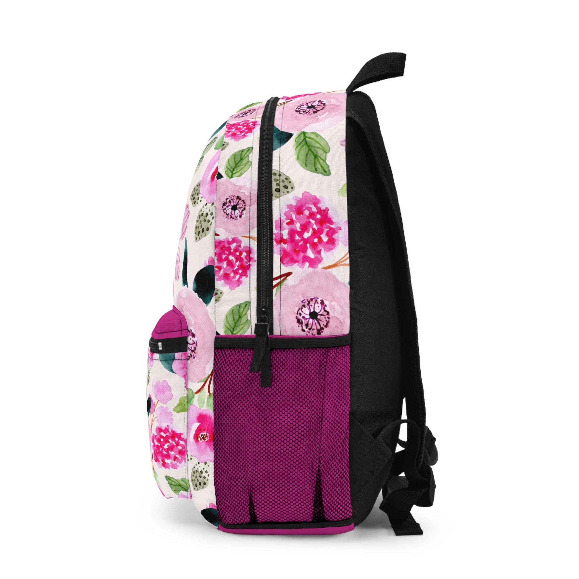 Floral-patterned backpack with pink and purple accents on a white background