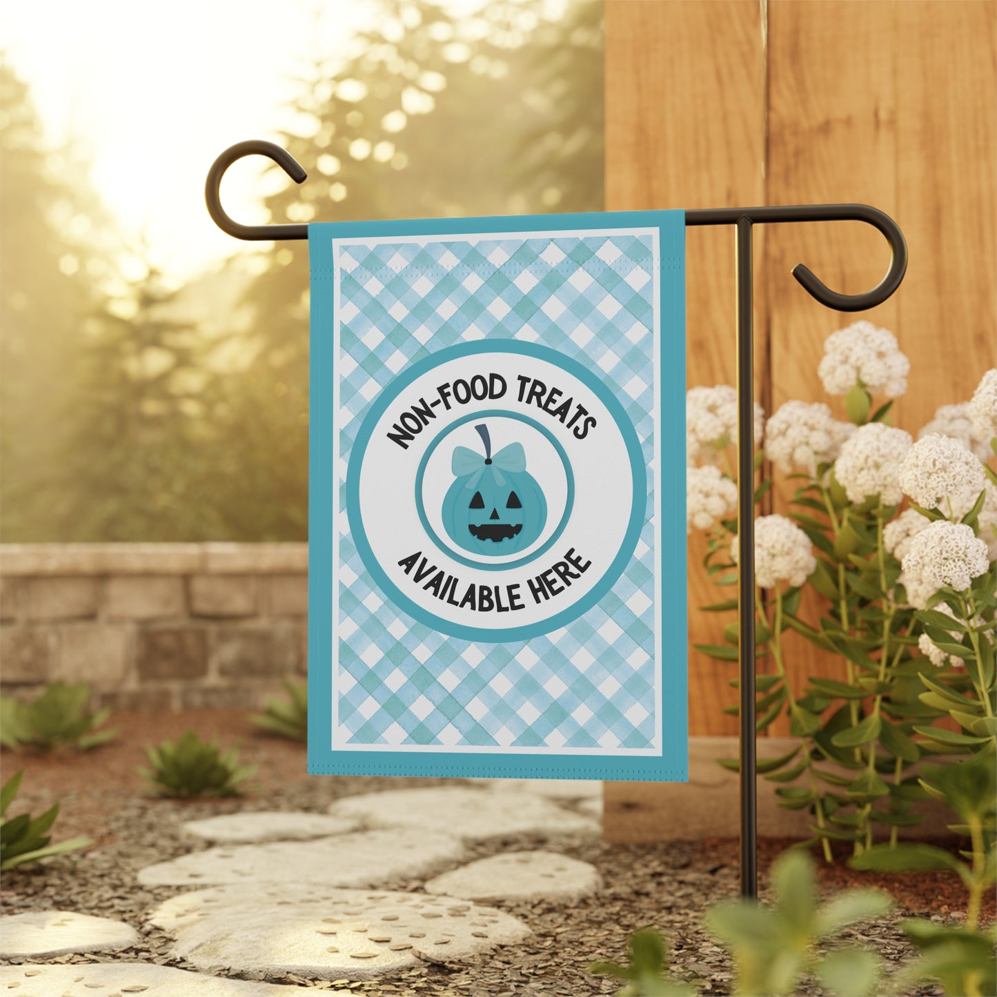 Halloween Food Allergy Garden Flag – Food Allergy Awareness Yard Sign with Teal Gingham & Smiling Pumpkin