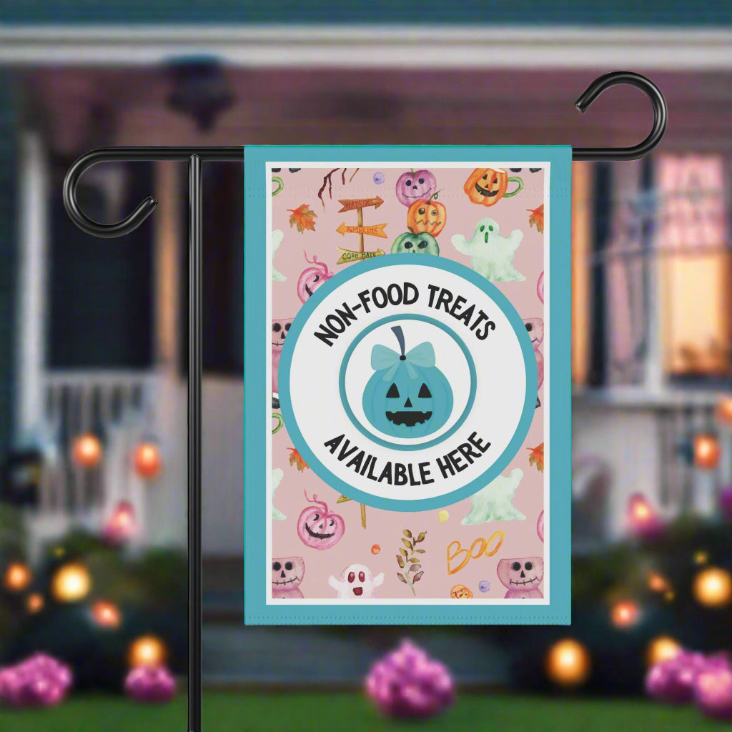 Teal Bow Pumpkin Print Food Allergy Garden Flag-Halloween Garden Flag – Food Allergy Awareness Yard Sign with Purple, Pink & Orange Pumpkins