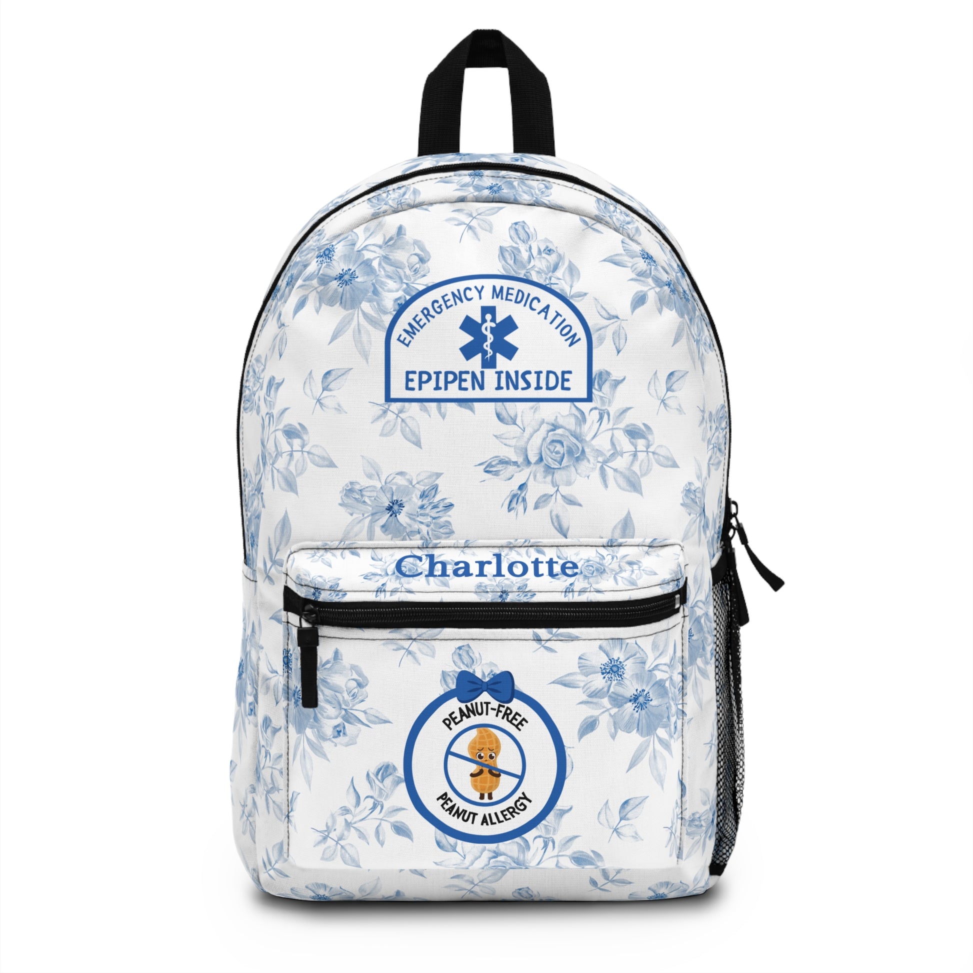 A white backpack with a blue floral pattern, featuring a front pocket with the name 'Charlotte' in blue, a blue emergency medication patch graphic, and a circular peanut allergy badge.