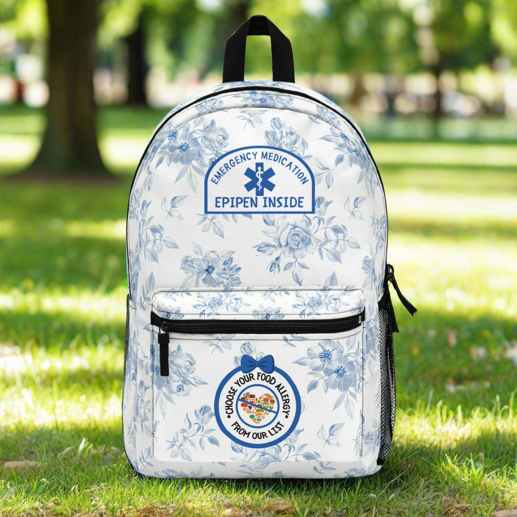 Floral-patterned backpack with medical labels on a white background