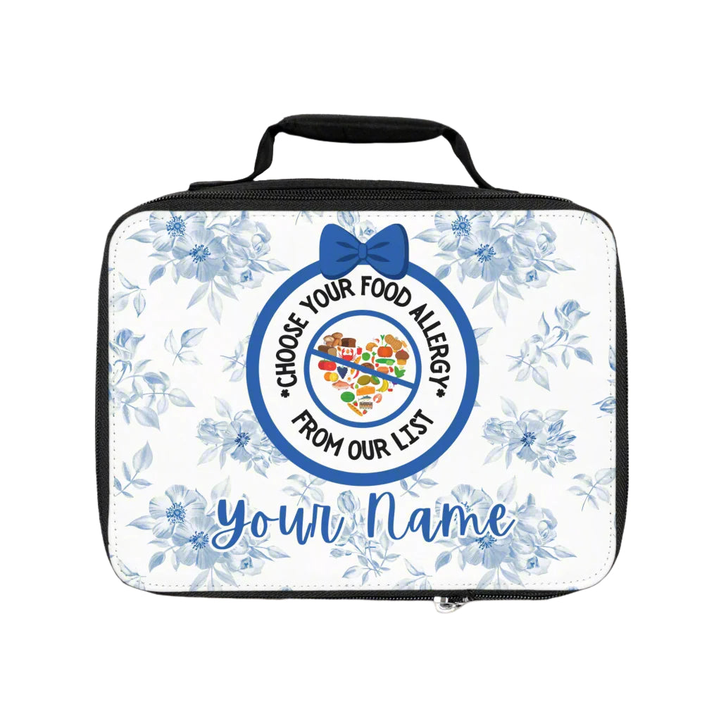 Lunch bag with floral design and allergy awareness message on a white background
