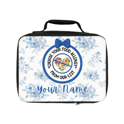 Lunch bag with floral design and allergy awareness message on a white background