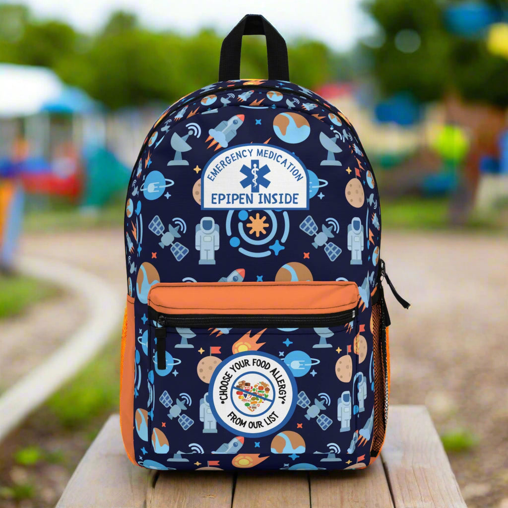 Backpack with space-themed design and Epipen Inside label on a white background