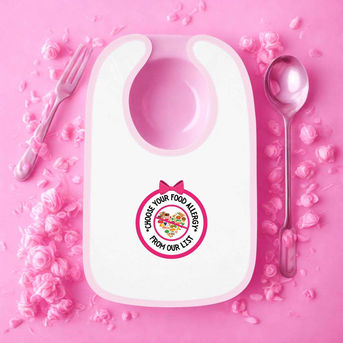 Baby wearing allergy alert feeding bib for food allergy awareness at mealtime