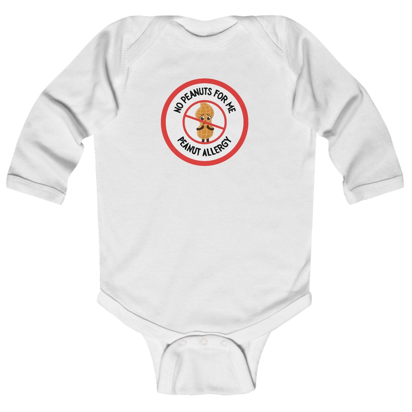 Close-up of white long sleeve baby onesie with a red logo with a peanut allergy warning message.