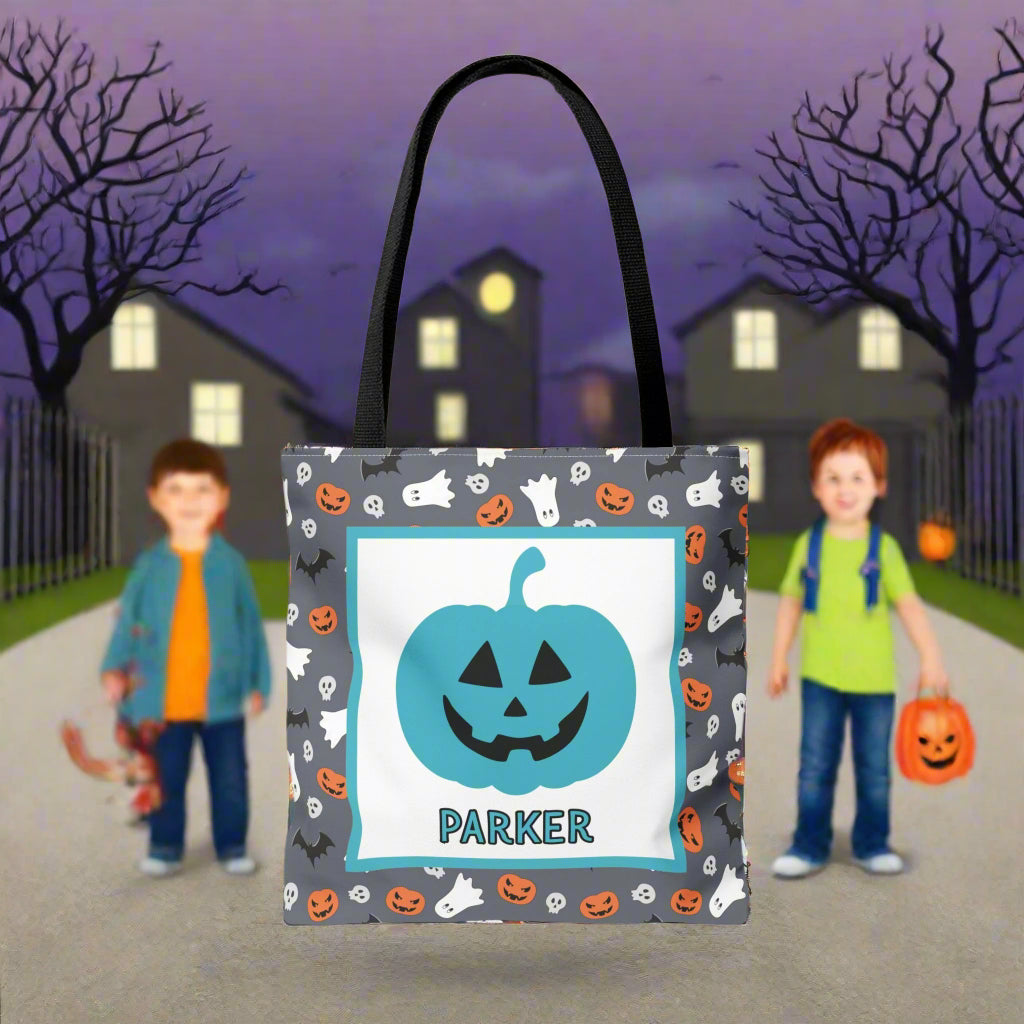 Halloween Trick-or-Treat Tote Bag | Gray Pumpkin & Ghost Design | Personalized
