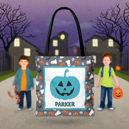 Halloween Trick-or-Treat Tote Bag | Gray Pumpkin & Ghost Design | Personalized