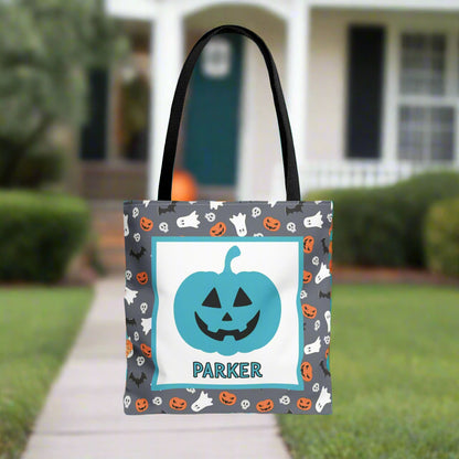 Halloween Trick-or-Treat Tote Bag | Gray Pumpkin & Ghost Design | Personalized