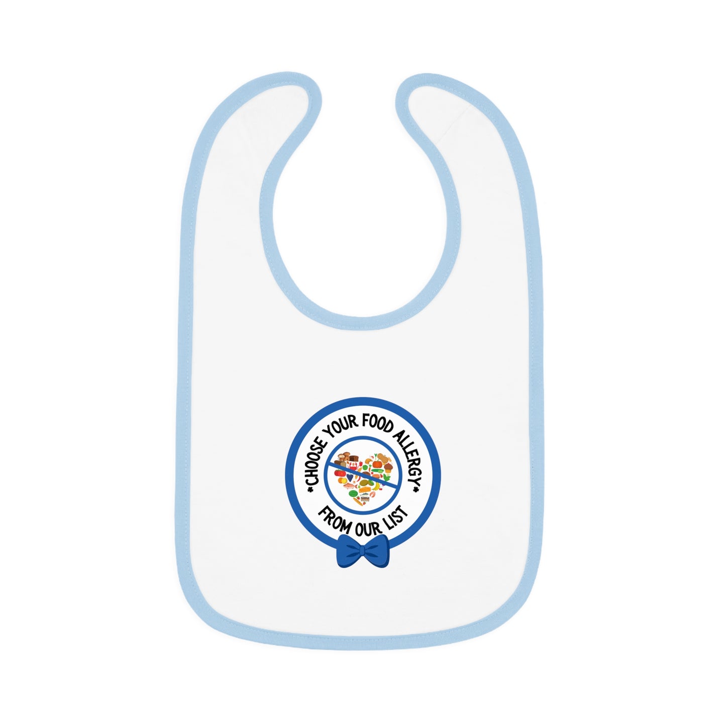 Personalized blue food allergy baby bib with allergy alert logo for babies and toddlers