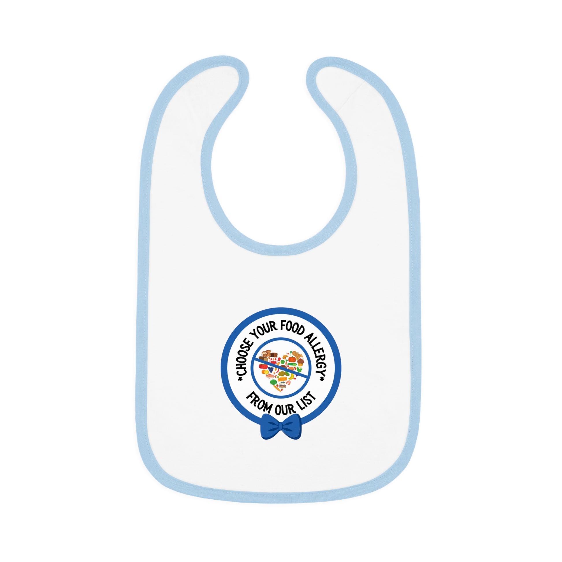 Personalized blue food allergy baby bib with allergy alert logo for babies and toddlers