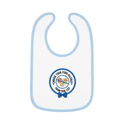 Personalized blue food allergy baby bib with allergy alert logo for babies and toddlers