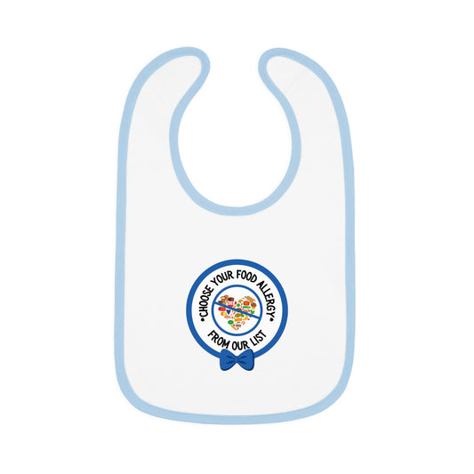 Personalized blue food allergy baby bib with allergy alert logo for babies and toddlers