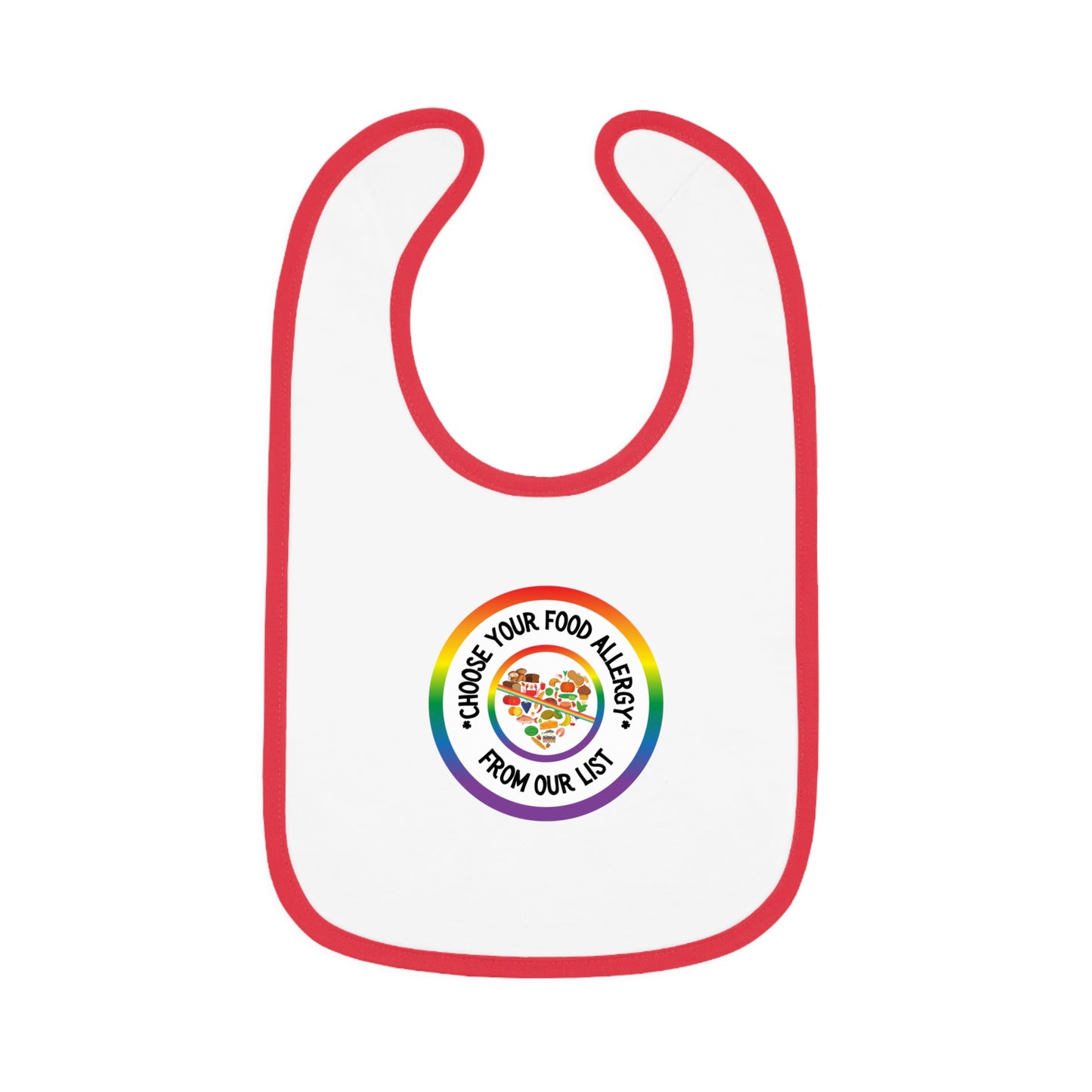 Toddler daycare allergy communication bib with colorful rainbow allergy design