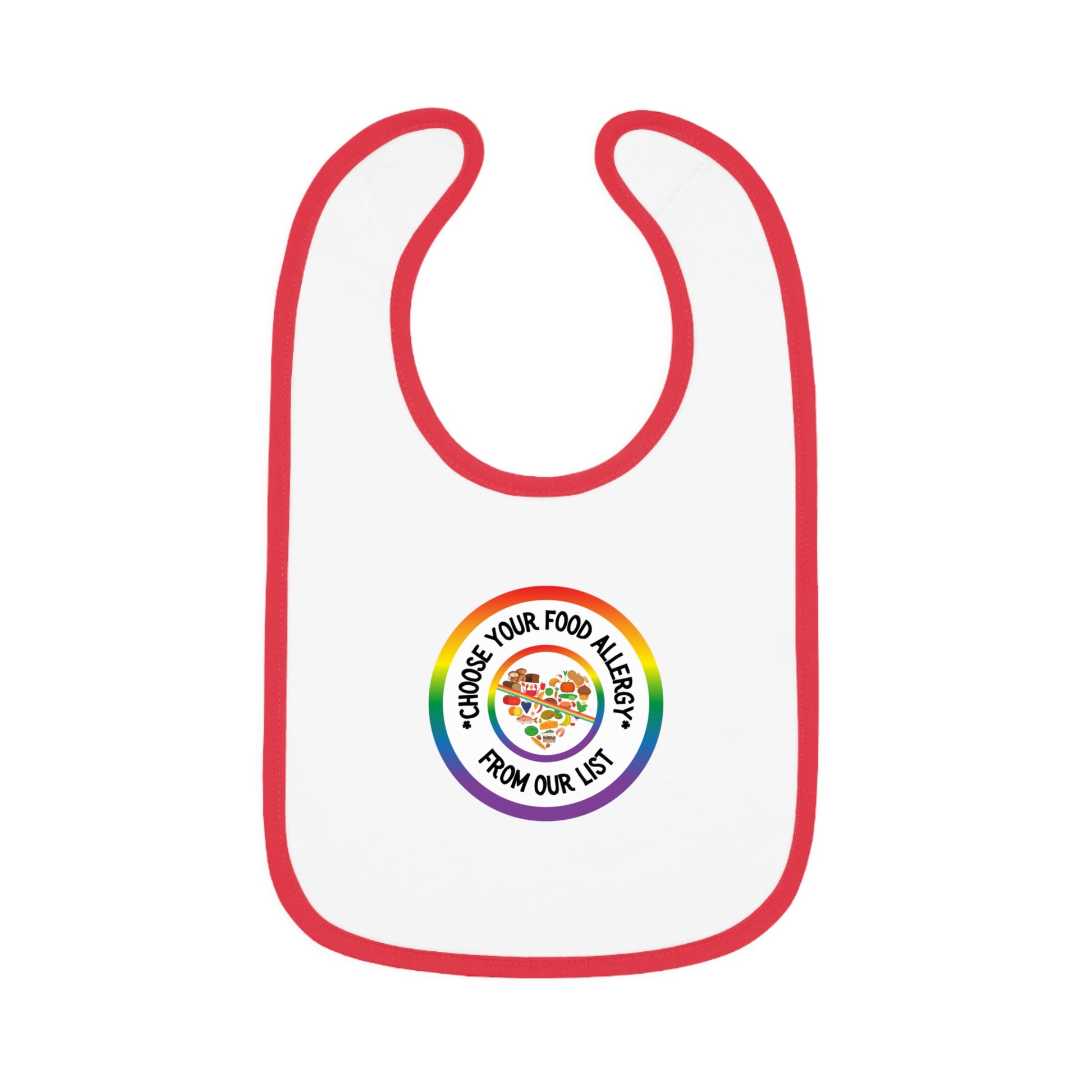 Toddler daycare allergy communication bib with colorful rainbow allergy design