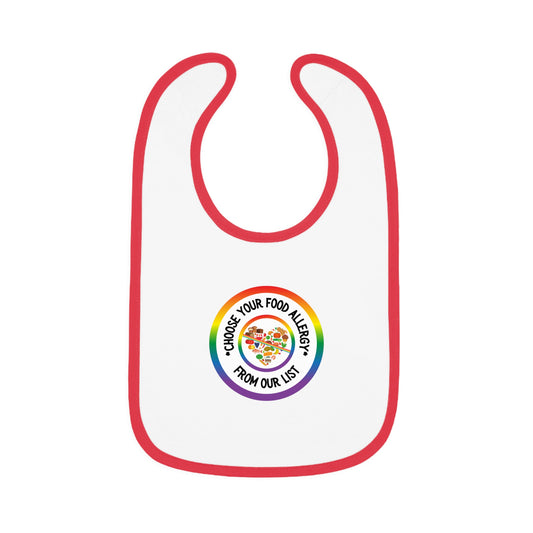 Toddler daycare allergy communication bib with colorful rainbow allergy design